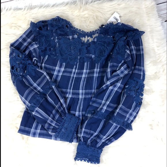 Free People Navy Plaid Top - Picture 7 of 8